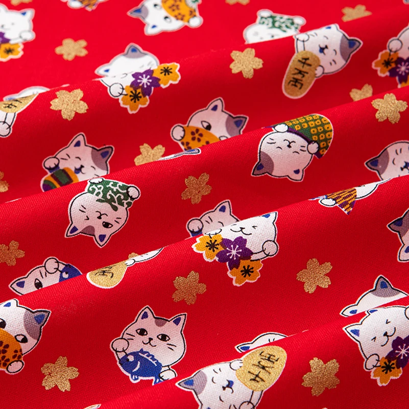 Japanese Style Bronzing Cotton Fabric Clouds Cat Dog Cherry Blossoms Printed Sewing Accessories by the Meter