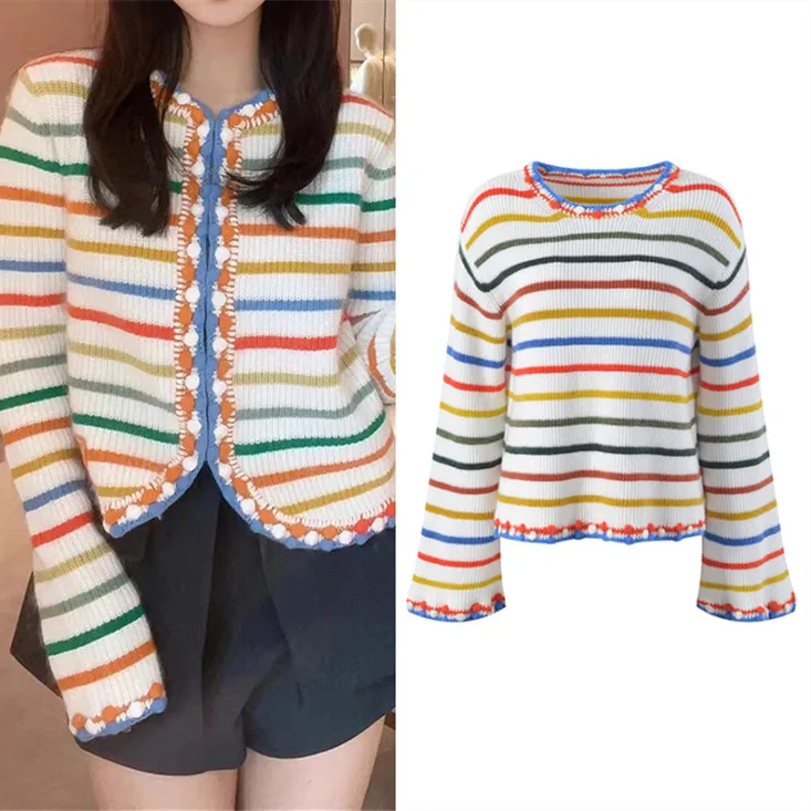 

Premium Version Sweet Girl Stripes Anti-Aging Knitted Sweater Flared Sve Handmade Crochet Open Cardigan