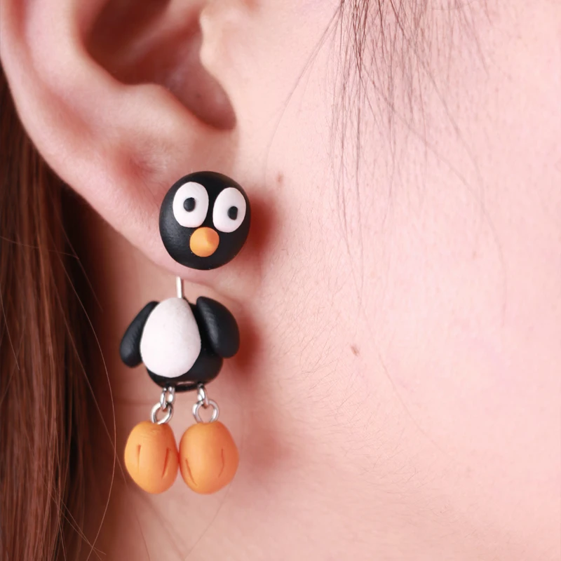 

Handmade 3D Penguin Polymer Clay Stud Earrings For Women Kids Cute Polar Animal Front Back Ear Jackets Kawaii Bird Earrings