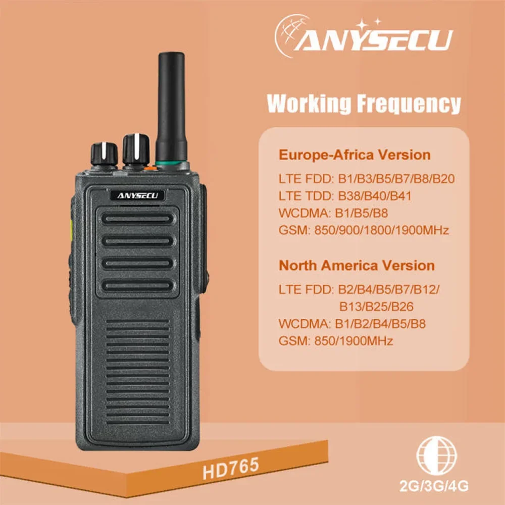 Anysecu HD765 4G LTE POC Radio IP67 Waterproof Walkie Talkie Android 7.1 GPS Type-C and M6 Interfaces 4000mAh Dual-SIM Card