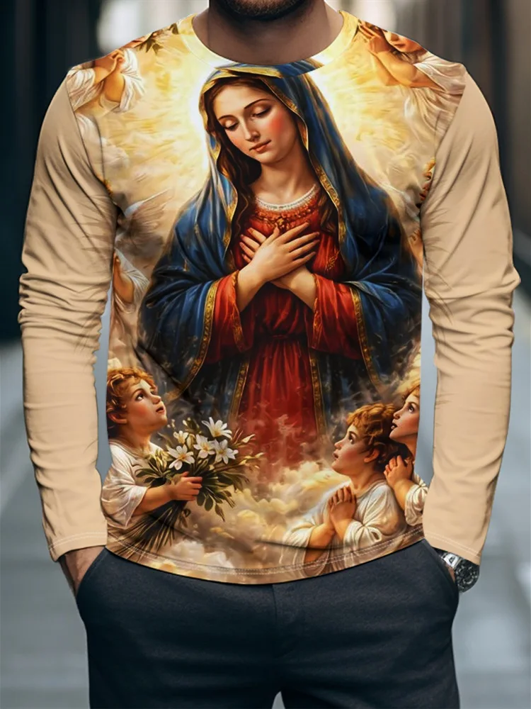 Men's Purple Virgin Mary Long Sleeve T-Shirt Praying Hands Rosary Star Halo Graphic Tee Pullover Tops Gift New Church Faith
