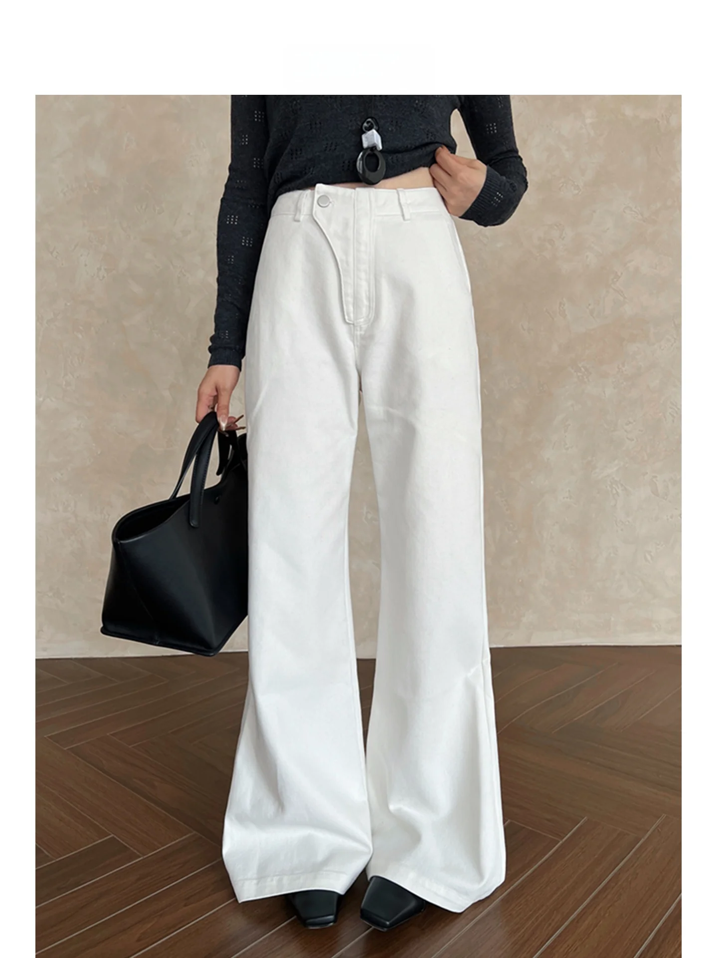 

Женские джинсы с высокой талией, свободного кроя, повседневные, расклешенные, простой дизайн, удобные для поездок на работу, из смесового хлопка, на молнии