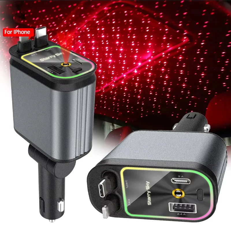 120W Retractable Car Charger Fast Charger USB+PD30W Power Adapter 4-in-1 Phone Charger With Roof Starlight For IOS Android Phone