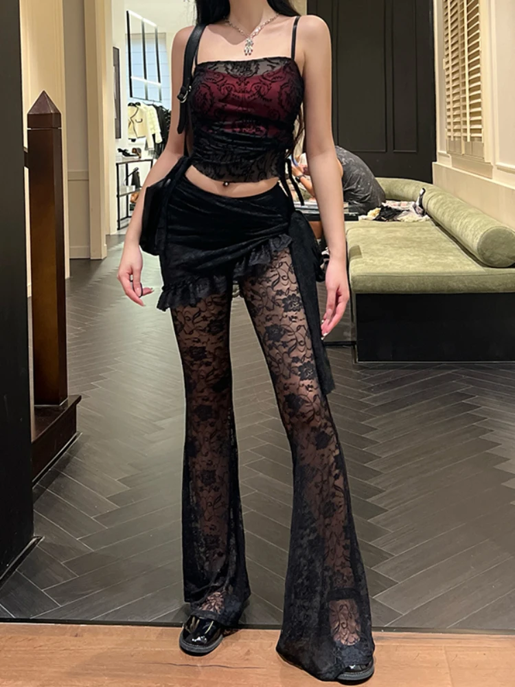 AltGoth Gothic Dark Lace Pants Women Vintage Y2k Streetwear Emo Sexy See Through Velevt Patchwork High Waist Flare Pants Female