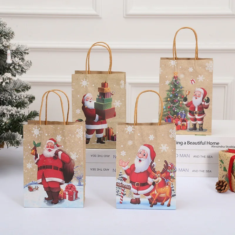 4 Styles Christmas Gift Bag Kraft Paper Bags Santa Claus Snowman Xmas Party Candy Cookie Present Bag Merry Christmas