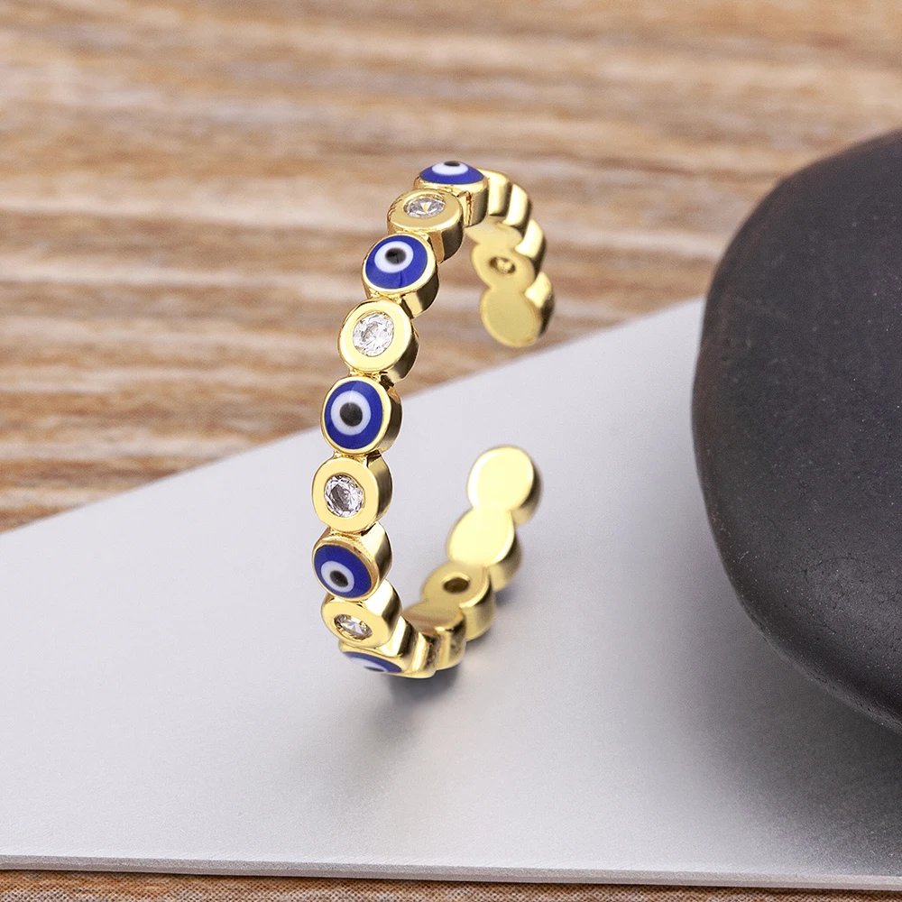 Nidin Hot Sale Lucky Evil Eye Rhinestone Rings For Women Girls Enamel Dripping Oil Finger Devil Eye Adjustable Jewelry Gift