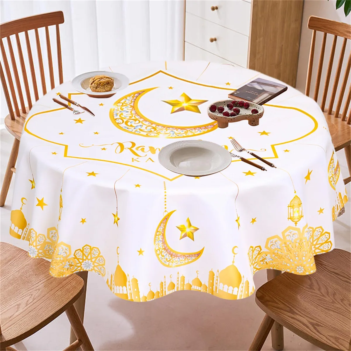 Ramadan Kareem Platinum Star Moon Round Tablecloth Eid Mubarak Decoration 2025 Islamic Muslim Party Favor Black Gold Table Cover