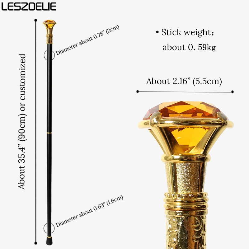 عصا المشي الماسية ذات اللون الكهرماني بمقبض ذهبي مع عصي تزيين عصرية للرجال والنساء من الكريستال الماسي البرتقالي