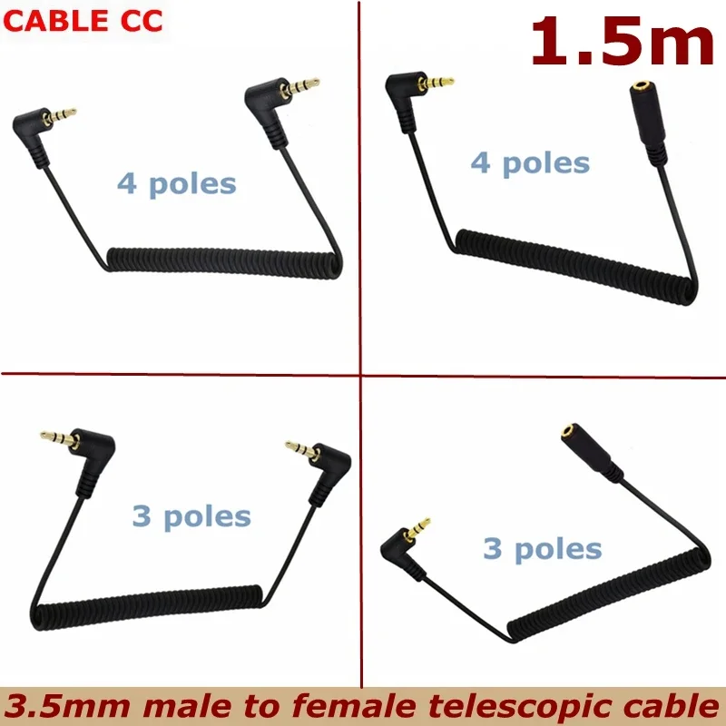 90 Degree Right Angle 3.5mm Male to Male Male to Female Jack 4 Pole / 3 Pole Extension Aux Audio Coiled Spiral Cable