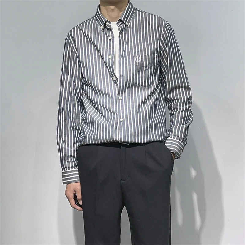 

Мужская рубашка с длинным рукавом из хлопка 00S High-Tead-COUNT с вышивкой, на пуговицах, устойчивая к сминанию, в полоску, для повседневной носки, городской стиль