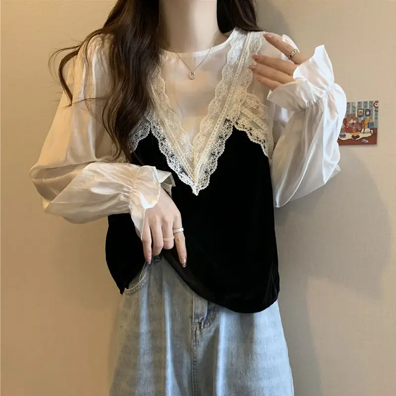 Korean Chic Sweet Lace Patchwork Sexy See Through Tops Blouses for Women Fashion Casual Street Loose Long Sleeve Shirts Clothing