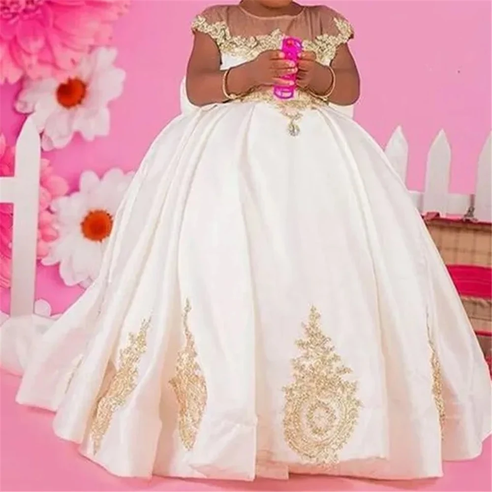 Blumen mädchen Kleid goldene Spitze schiere Hals Hochzeit Satin lila Kinder Party Geburtstag formelle Kinder Erstkommunion Kleider