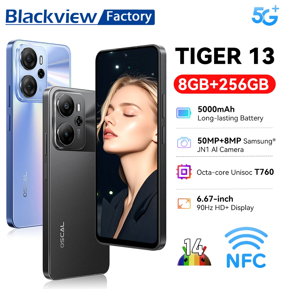 هاتف Blackview OSCAL TIGER 13 5G بشاشة IPS مقاس 6.67 بوصة ودقة 50 ميجابكسل وذاكرة وصول عشوائي (RAM) سعة 24 (8 + 16) جيجابايت وذاكرة وصول عشوائي (RAM) سعة 256 جيجابايت وبطارية 5000 مللي أمبير في الساعة ونظام تشغيل Andro #1