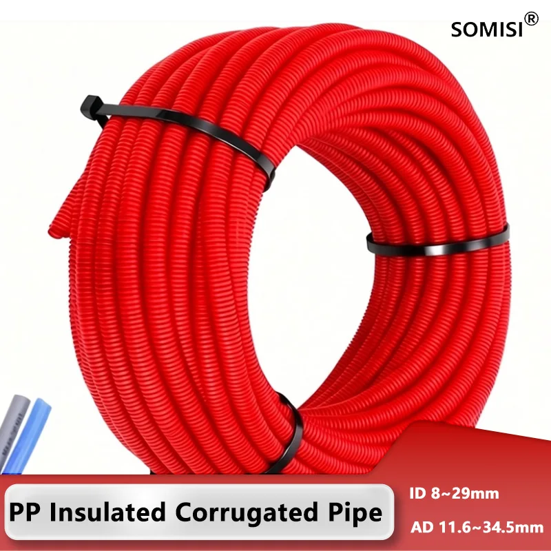 1/3/5/10M Red PP Insulated Corrugated Pipe AD 11.6~34.5mm Wire Harness Casing Cable Sleeve Auto Car Mechanical Line Protection