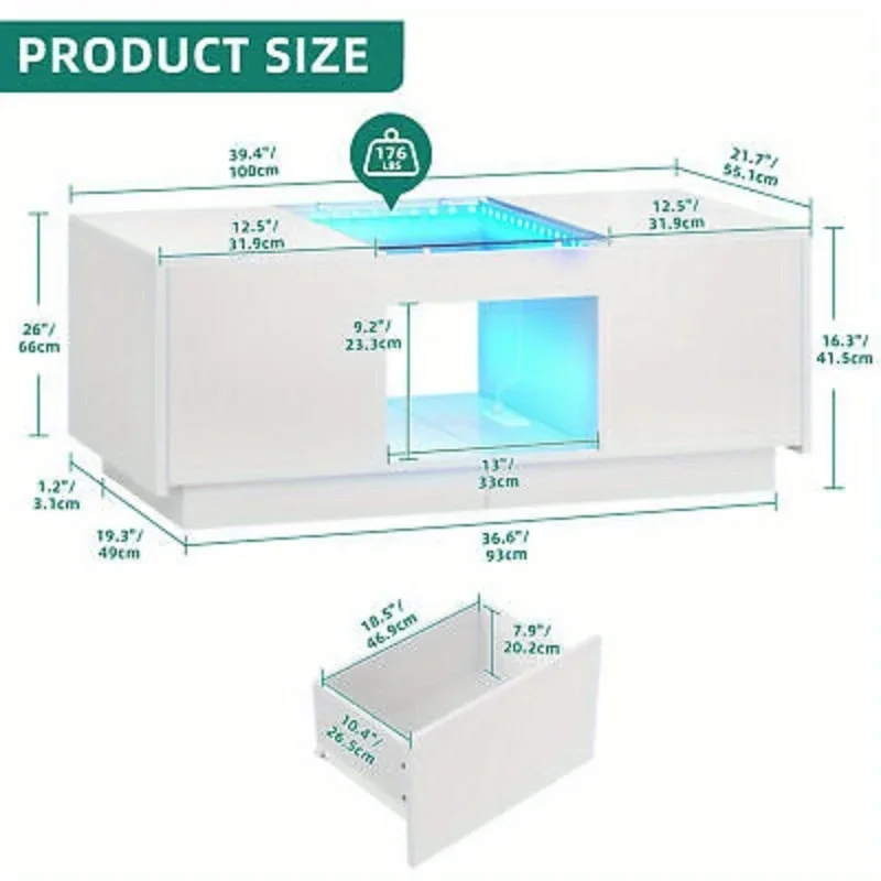 Mesa de centro moderna LED com tomadas de energia Mesa de sala de estar branca com 2 gavetas