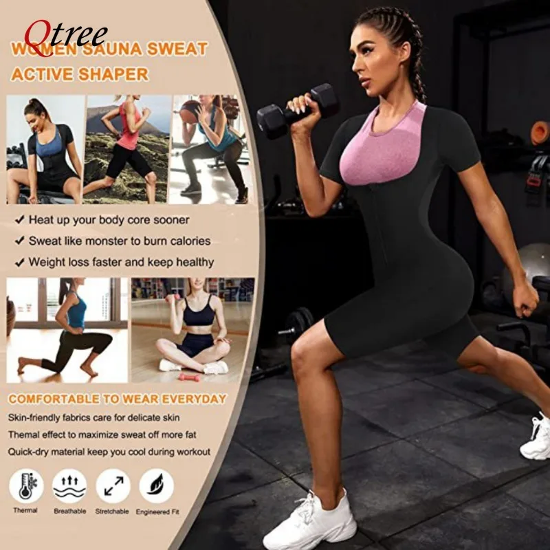 Qtree Womens Sauna Suit for Weight Loss Full Body Shaper Shapewear Bodysuit Sweat Slimming Workout Waist Trainer with Sleeves