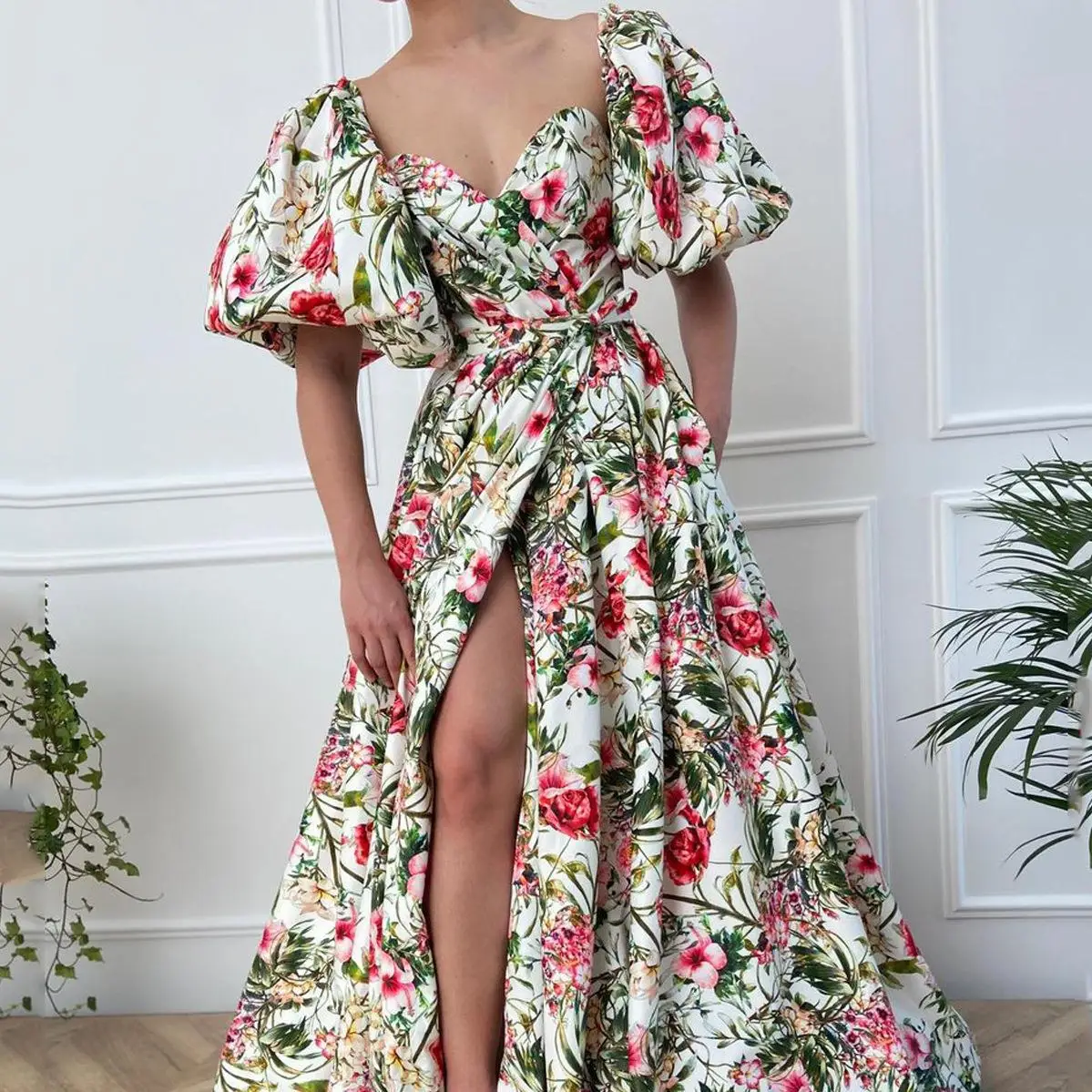 2024 V-Ne Chiffon Printed High Waist Slimming Maxi Dr Evening Gown ort Sve Commuter Sle Pleated Bubble Sve Lon...