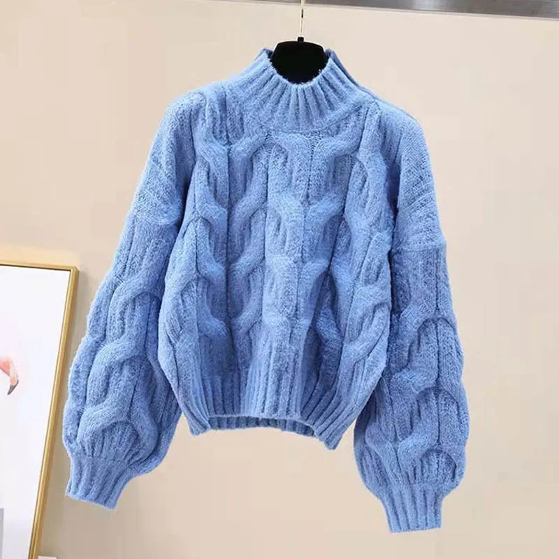 เสื้อสเวตเตอร์ผู้หญิงคอกลมลายใหญ่ แขนทรงกระบอก สำหรับฤดูใบไม้ร่วงและฤดูหนาว ทรงหลวม สไตล์ลำลอง ผ้าถักหนา รุ่น 12