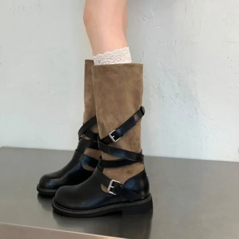 Buckle Knee High Boots Metal Buckle Fashion Retro Middle Heel Knee Boots Women's Knee