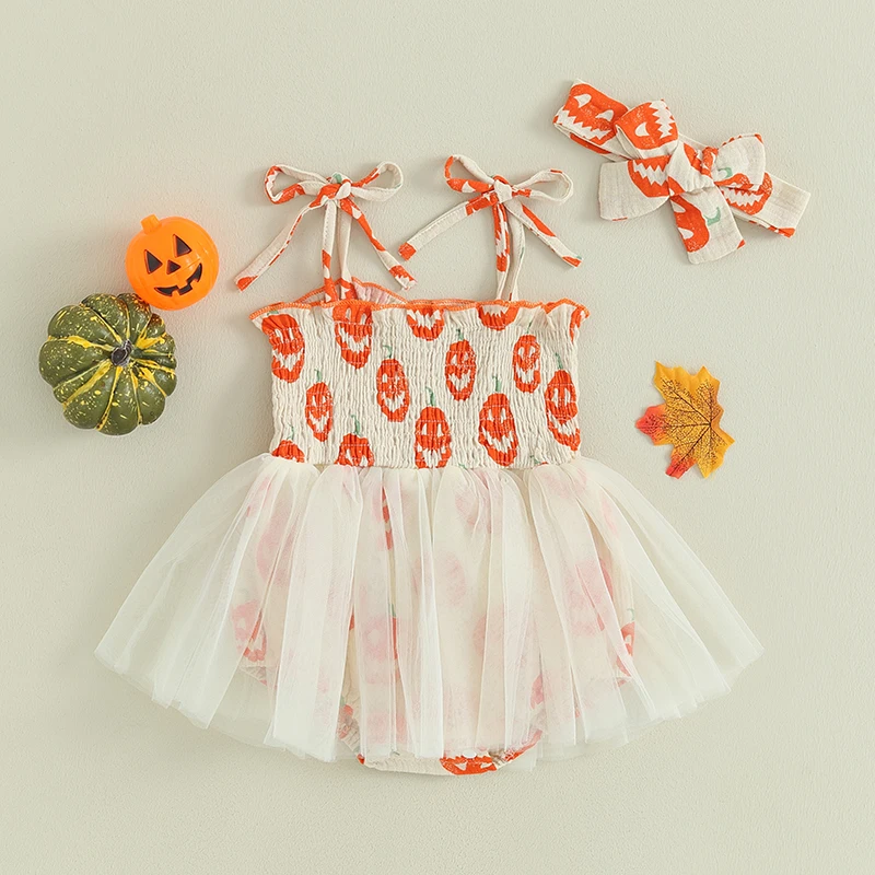 Infant Baby Girls Halloween Romper Dress Pumpkin Pattern Sleeveless Tie-Up Tulle Jumpsuit + Bow Headband 3-24 Months Hot Sale