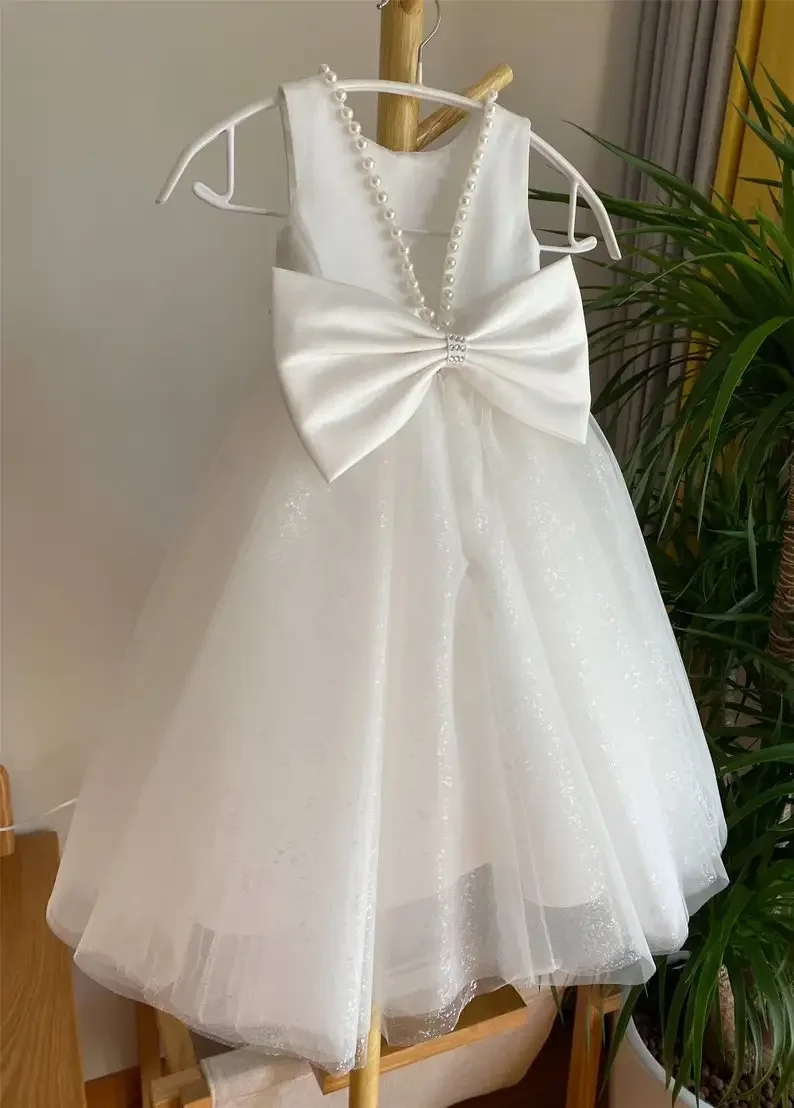 

Sparkly Bling Flower Girl Dresses 2025 Girl Princess Dress Ball Gown Wedding Party Kids Gowns with Bow Pearls