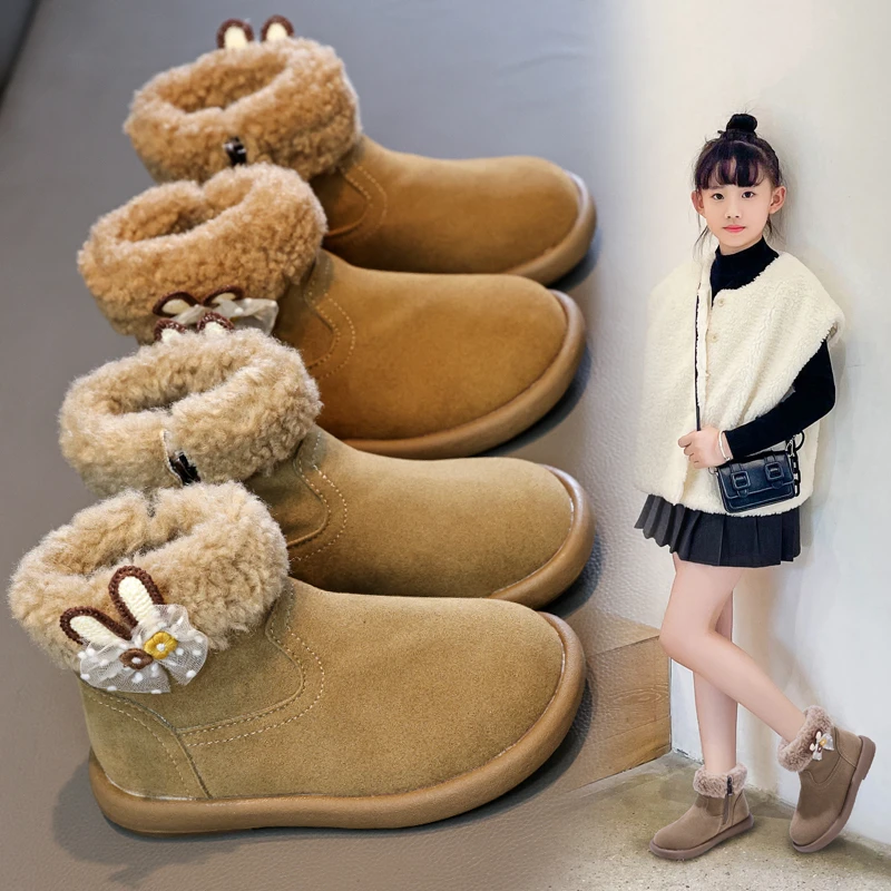 

2025 Winter Fashion New Korean Style Children Snow Boots Soft Warm Wool Inside Winter Shoes Boys Girls Suede Upper Short Boots