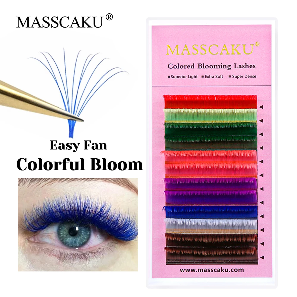 

Hot Selling MASSCAKU Colored Easy Fanning Lash 8-15mm Single Length Lightweight Rainbow Color Automatic Flowering Eyelash Trays