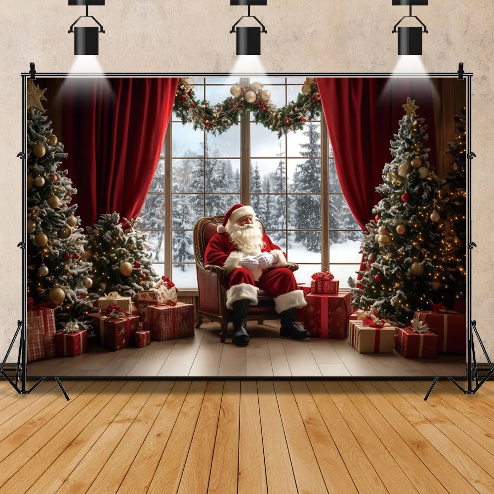 عيد الميلاد سانتا كلوز التصوير خلفية نافذة ستارة حمراء شجرة عيد الميلاد هدية الأسرة الطرف الديكور خلفية استوديو الصور