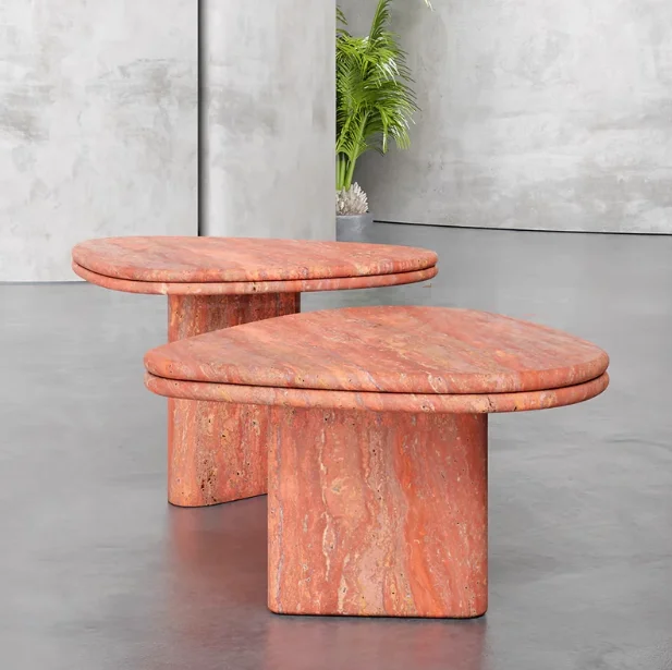

Irregular Coffee Table Customized Modern Luxury Red Travertine Wooden Side Table for Dining Living Room Panel Style