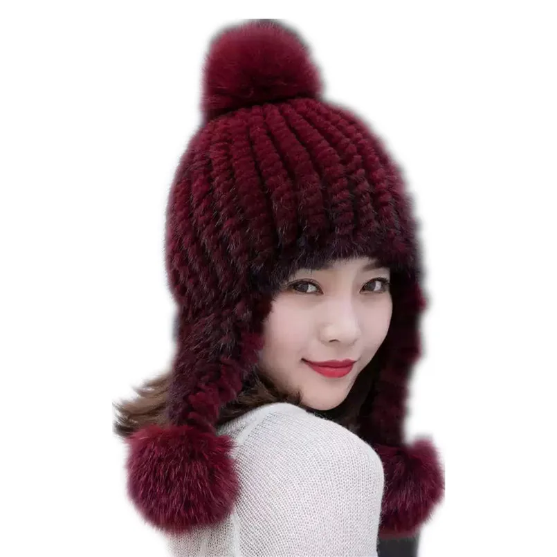 شتاء دافئ محبوك قبعات فرو المنك الحقيقي رقيق في الهواء الطلق المرأة لينة قبعة أنيقة على الموضة مع إيرفلاب ركوب بيني عادية مع الثعلب الحقيقي