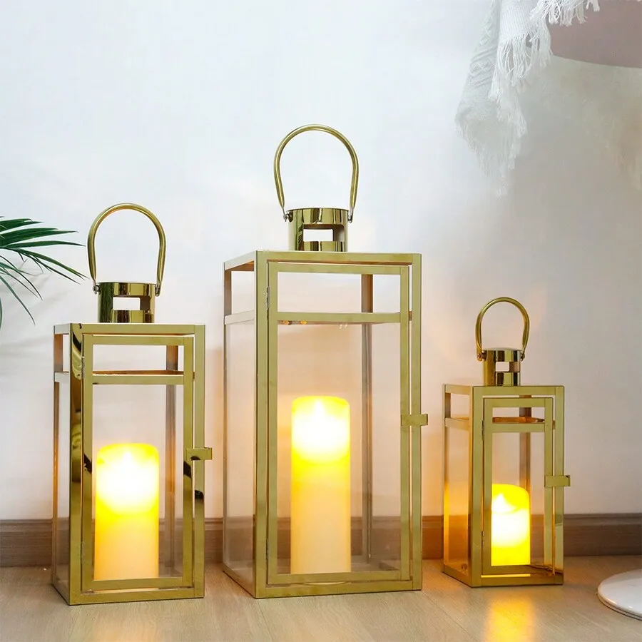 Stainless Steel Lantern Set Of 3, 19' Tall Metal Hanging Lanterns With Clear Glass Panels, Indoor & Outdoor Home Decor