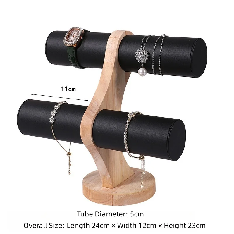 2-Tier Curved Wood Bracelet Holder Velvet & PU Leather Bangle Watch Display Stand Jewelry Store Counter Display Photography Prop view 6