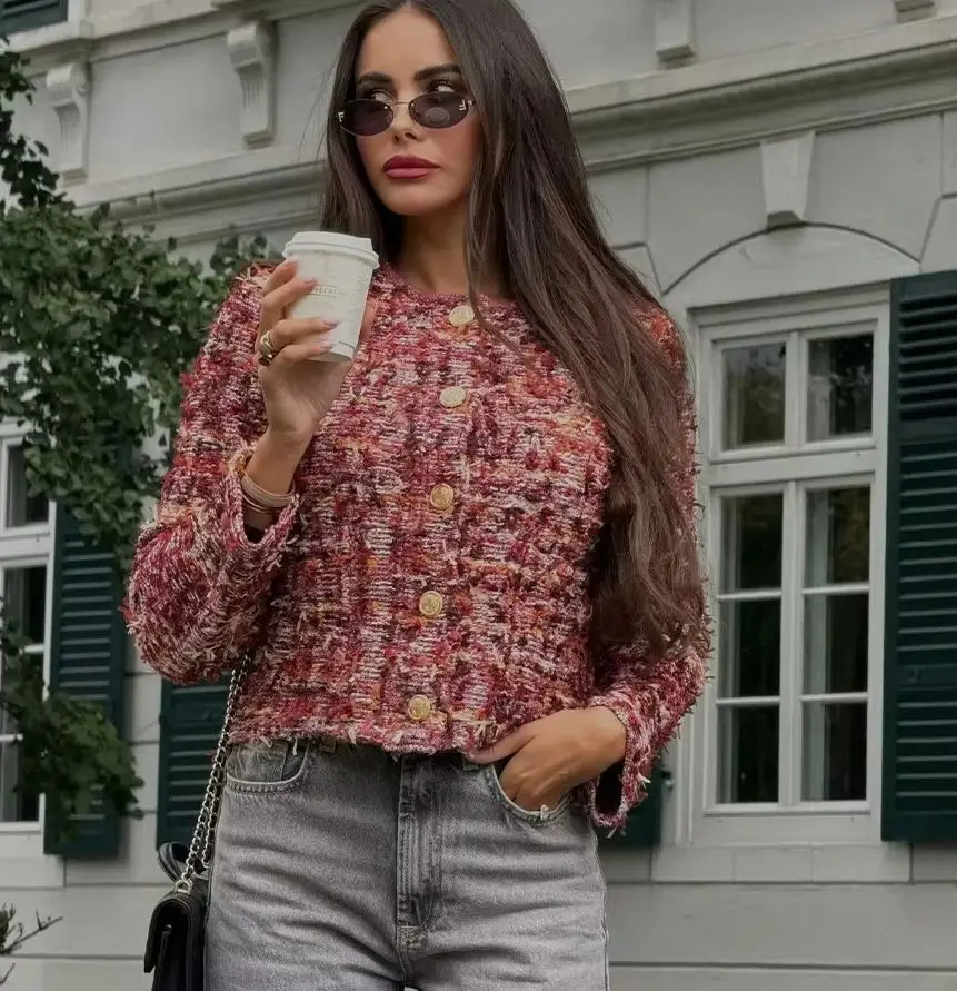 KONDALA 2024 Autumn Winter Women Knitted Jackets Fashion Streetwear Solid O Neck Single Breasted Striped Chic Elegant Lady Coats