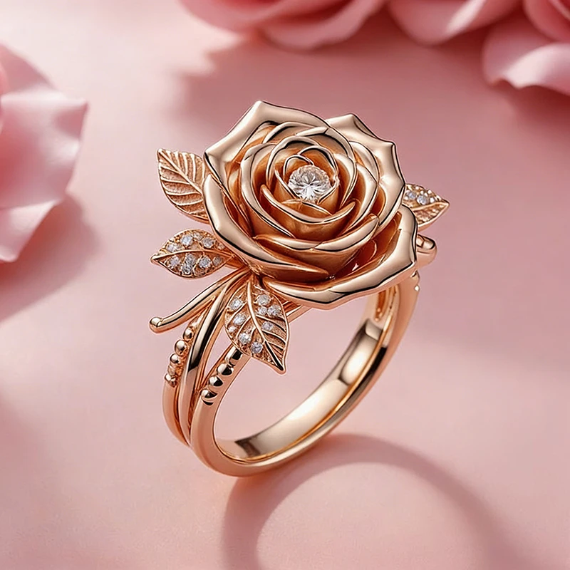 Huitan Ästhetische roségoldfarbene Rosenringe für Frauen, eingelegt mit schillerndem Zirkonia, elegante Damenringe, trendiger Hochzeitsschmuck