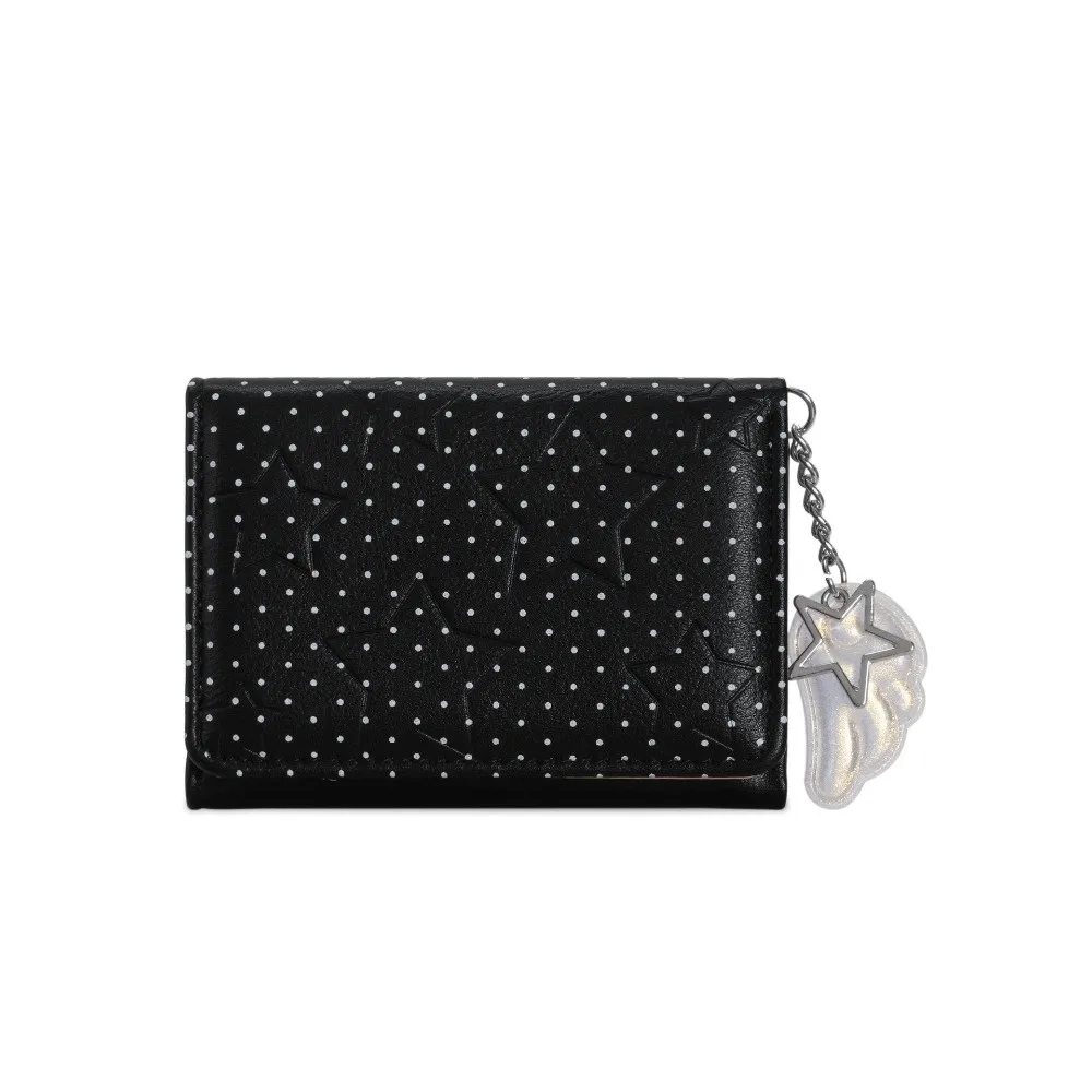 Simple PU Leather Polka Dot Trifold Wallet Star Wing Pendant Lightweight Coin Purse 5 Card Slots ID Window Mini Wallet Women