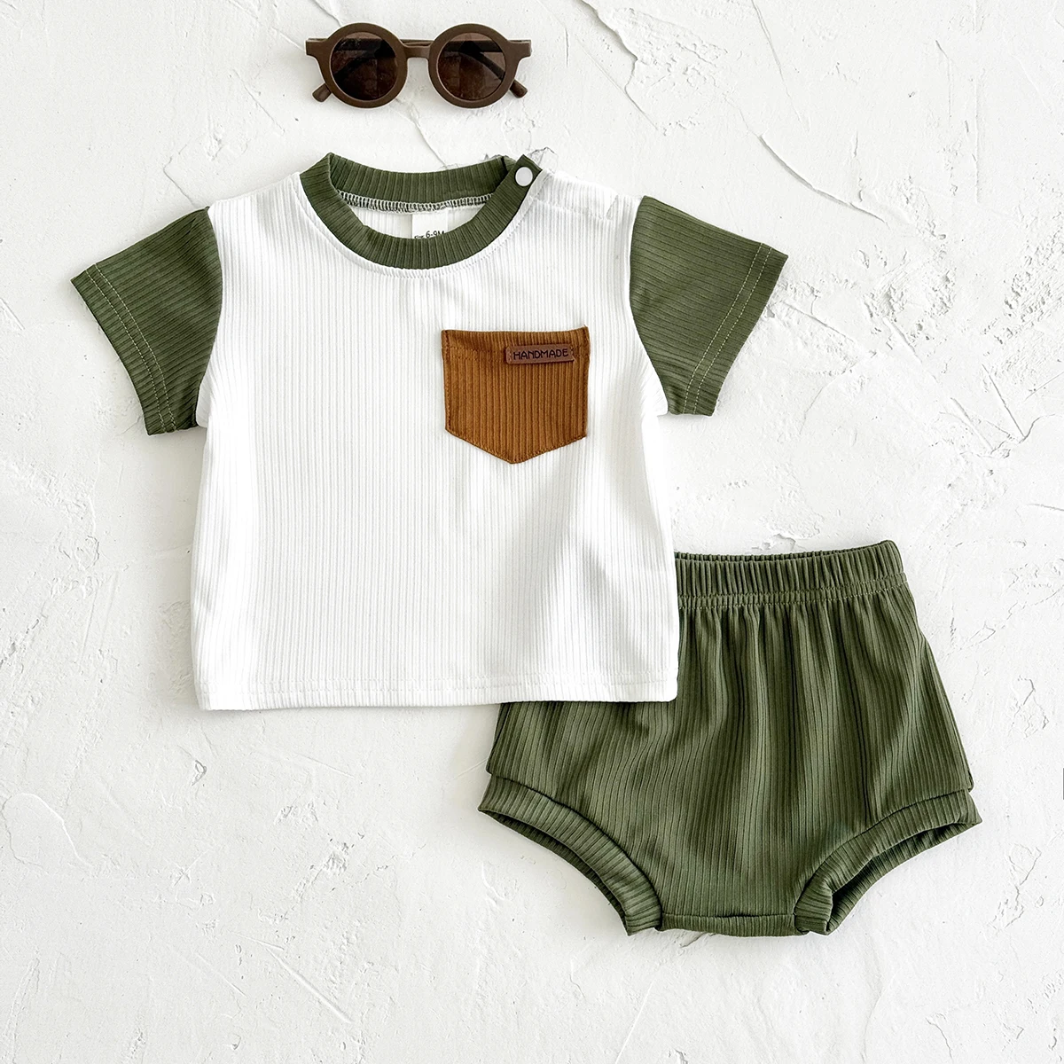 

0-3Years Newborn Summer Boys Green White Splicing Color Short Sleeved Shirt+Shorts Casual Girls Baby Clothes Sweatshirt 2Pcs/Set