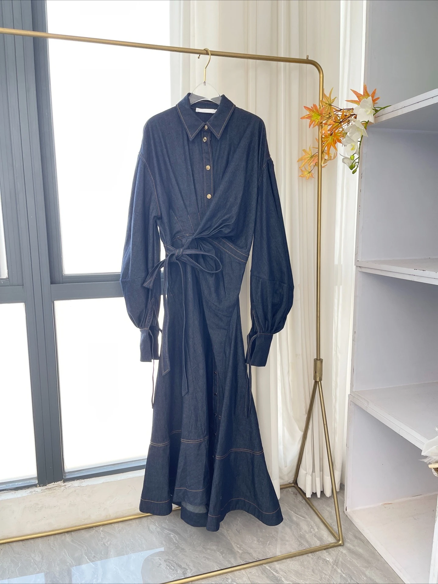 

2025 New Fashion Navy Blue Long Sleeve Denim Midi Dress High Quality