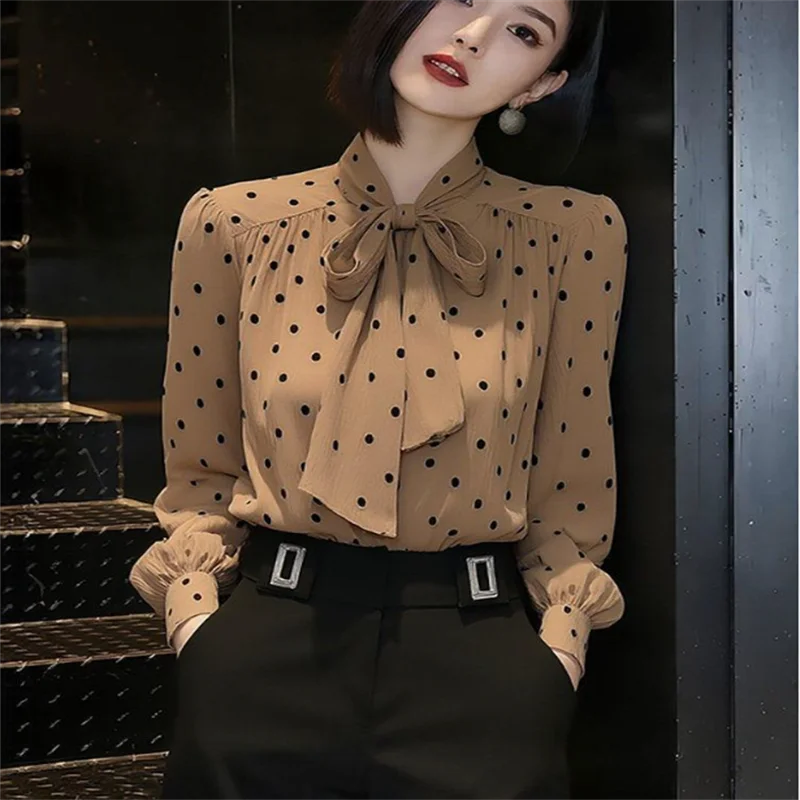 Bow Shirt Ladies Blouses Polka Dot High-end Lace Up Cardigan Shirt Printing Tops Stand Collar Long Sleeve Shirt