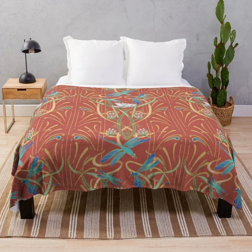 

Art Nouveau Dragonflies Pattern Deep Coral Throw Blanket Stain Resistant Cozy Warm Blanket