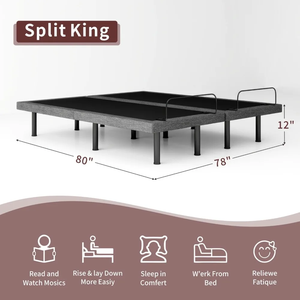 إطار سرير قابل للتعديل، أسرة قابلة للتعديل مع إطار سميك محدث، جهاز تحكم عن بعد لاسلكي، رفع منفصل للرأس/القدم، بدون جاذبية