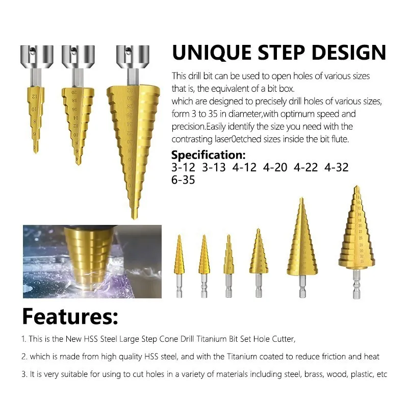 XCAN 스텝 드릴 비트 육각 생크, 티타늄 코팅 스텝 콘 드릴 비트 세트, 목재 금속 가공 드릴링 도구, 3-12/4-12, 20, 32mm