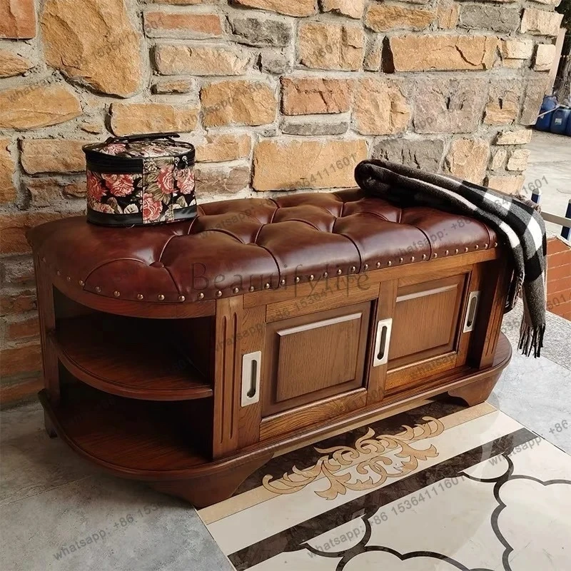 American all-solid wood shoe change stool can sit at the door, shoe cabinet European multi-functional storage stool, leather des