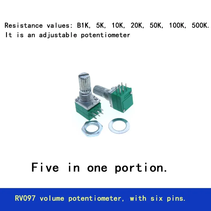 

5PCS RV097 volume potentiometer with six pins. Resistance values: B5K, 10K, 20K, 50K, 100K. It is an adjustable potentiometer.
