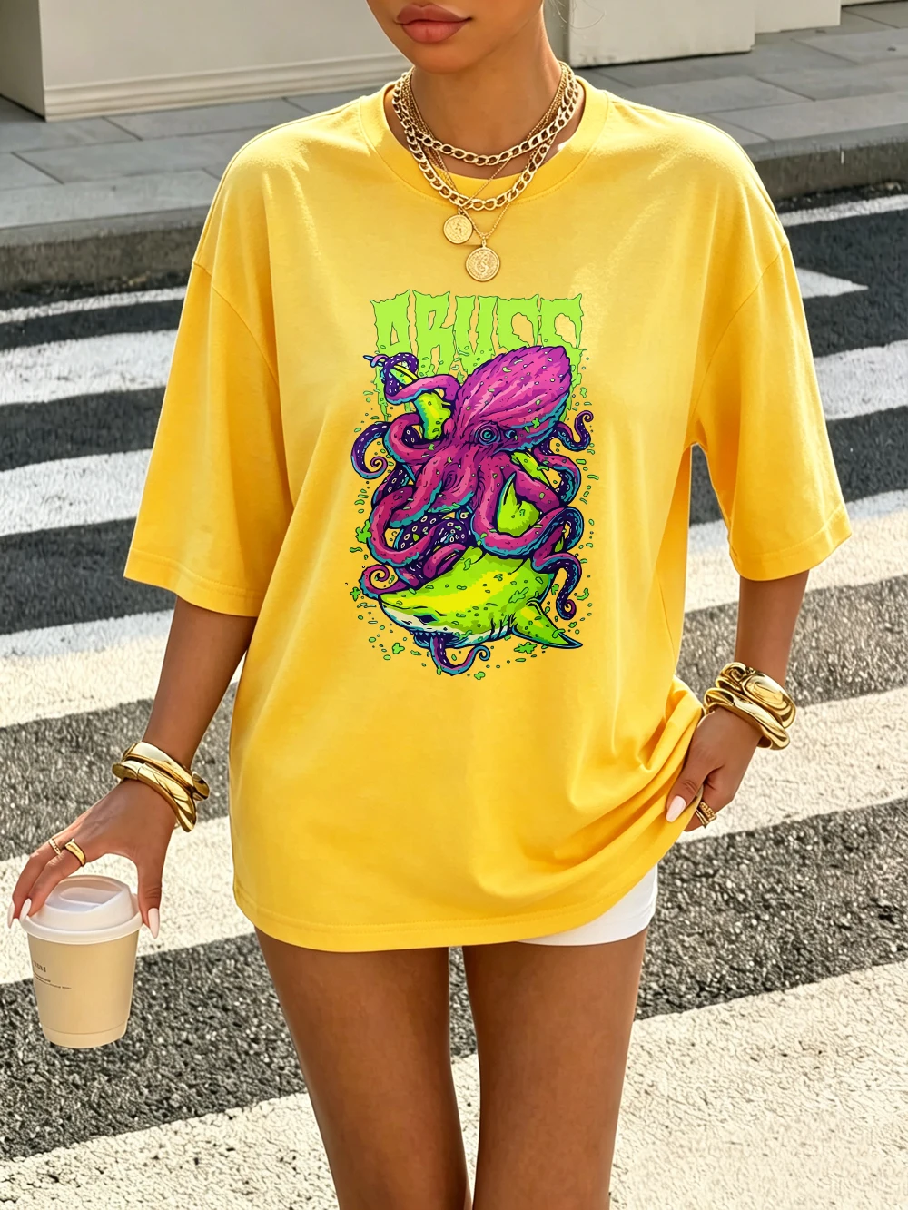 Abuzz Lila Tintenfisch Bedruckte T-Shirts Baumwolle Damen Sommer Kurzarm T-Shirts Weiche Basic Oversized Tops Lässige O-Neck Kleidung – Detail 20