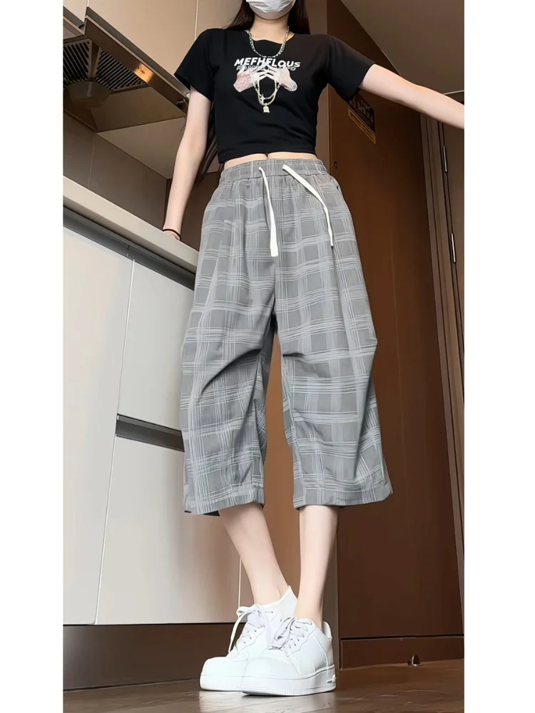 

Мужские летние тонкие брюки в клетку, повседневные свободные брюки прямого кроя, американские ретро-брюки с плиссировкой, дышащие легкие брюки