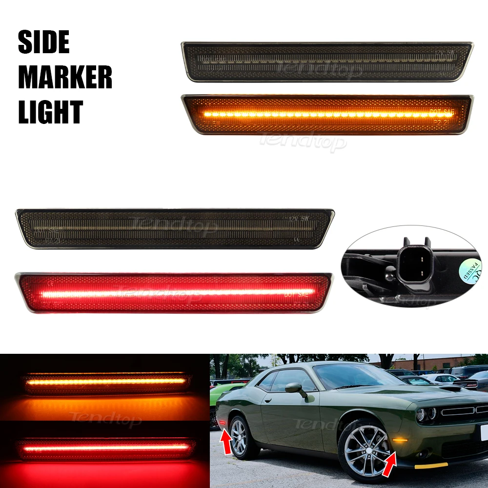 4pcs Smoked Front Amber Rear Red Bumper Side Marker Light For Dodge Challenger 2015 2016 2017 2018 2019 2020 2021 2022 2023