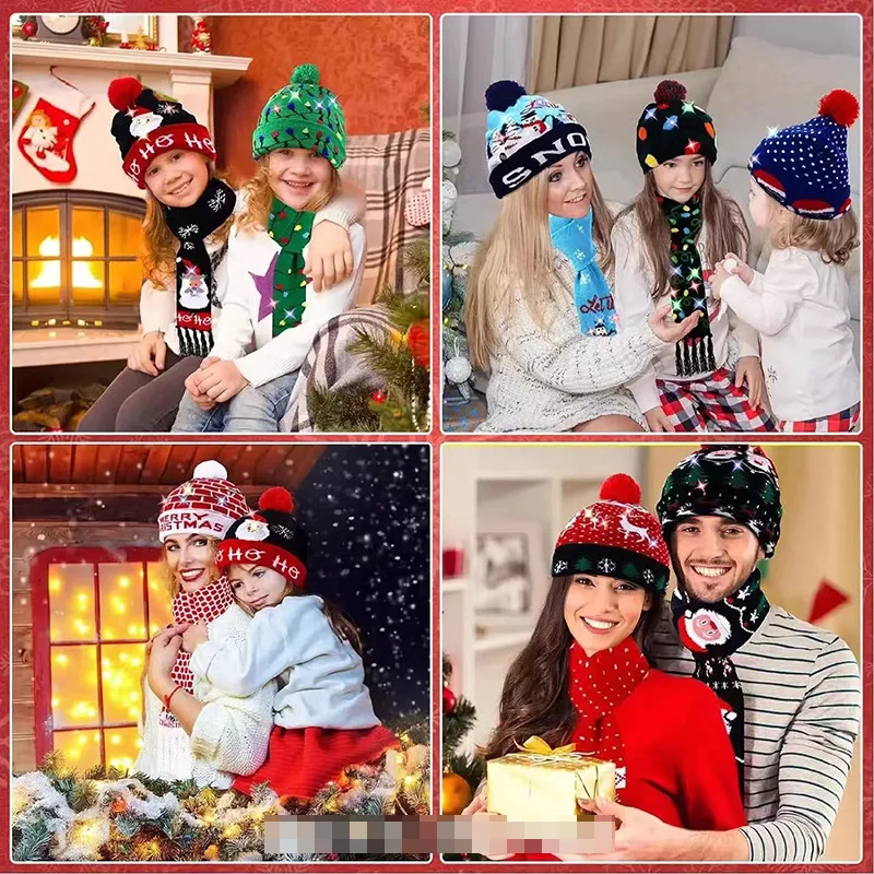 ニット LED クリスマス帽子スカーフセット トナカイ柄付き 新年フェスティバルパーティー用