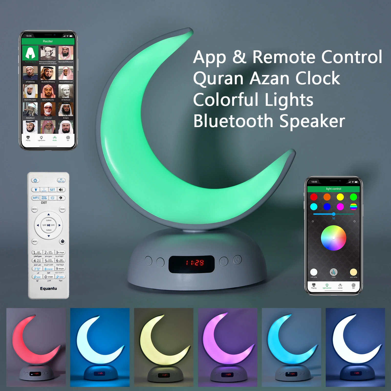 Reloj Azan del Corán, Altavoz Bluetooth con Luz Nocturna Portátil, Lámpara Sagrada Inalámbrica, Regalo Islámico Árabe para Ramadán