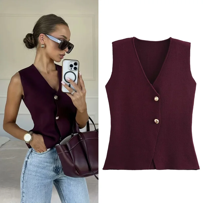 HXAO 2024 Woman Burgundy Knit Vest Women\'s Vest Fall Crop Sleeveless Waistcoat Bustier V Neck Sweaters New Knitwear Hot Cardigan