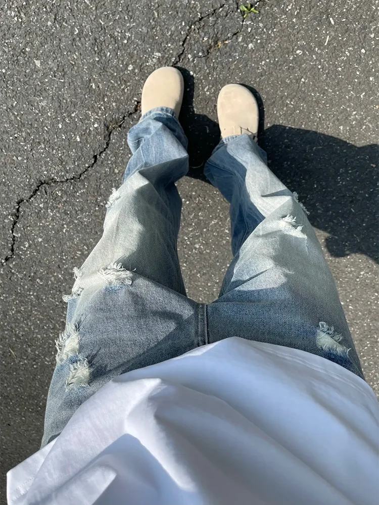 

Джинсы для высоких мужчин, светло-голубые, рваные, с высокой талией, удлиненные, в американском стиле, с легким расклешением, с высокой талией